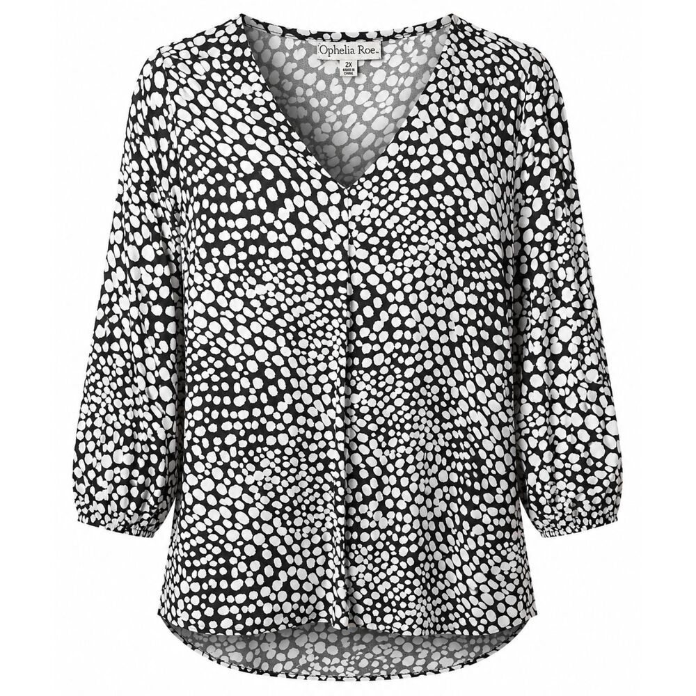 Ophelia Roe Women's 2X Black White Abstract V-Neck Blouse Plus Size
